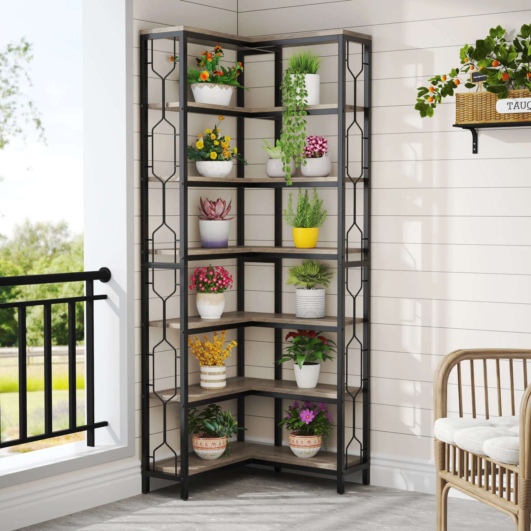 Tribesigns Corner Shelf, 7-Tier Industrial Corner Bookshelf, Wood and Metal Corner Etagere Bookcase, Freestanding Display Shelf