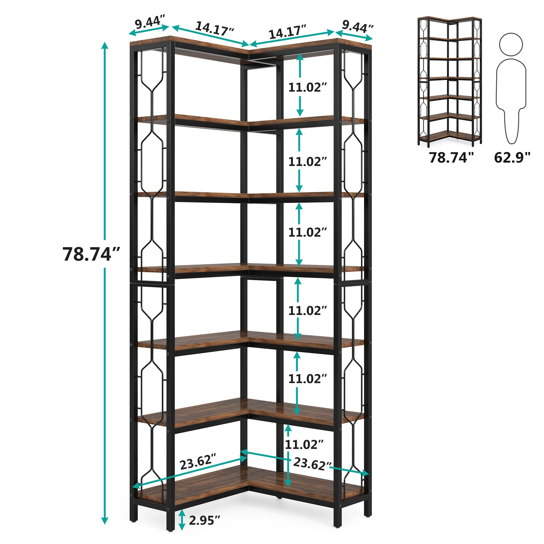 Tribesigns Corner Shelf, 7-Tier Industrial Corner Bookshelf, Wood and Metal Corner Etagere Bookcase, Freestanding Display Shelf