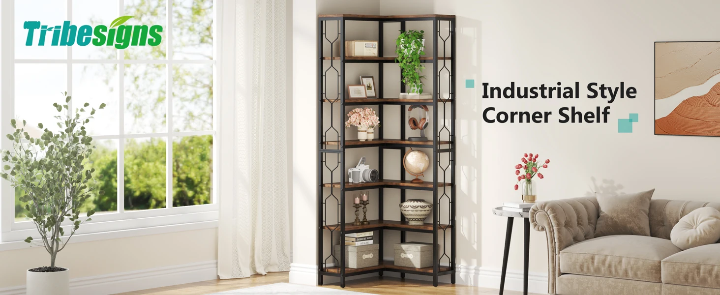 Tribesigns Corner Shelf, 7-Tier Industrial Corner Bookshelf, Wood and Metal Corner Etagere Bookcase, Freestanding Display Shelf