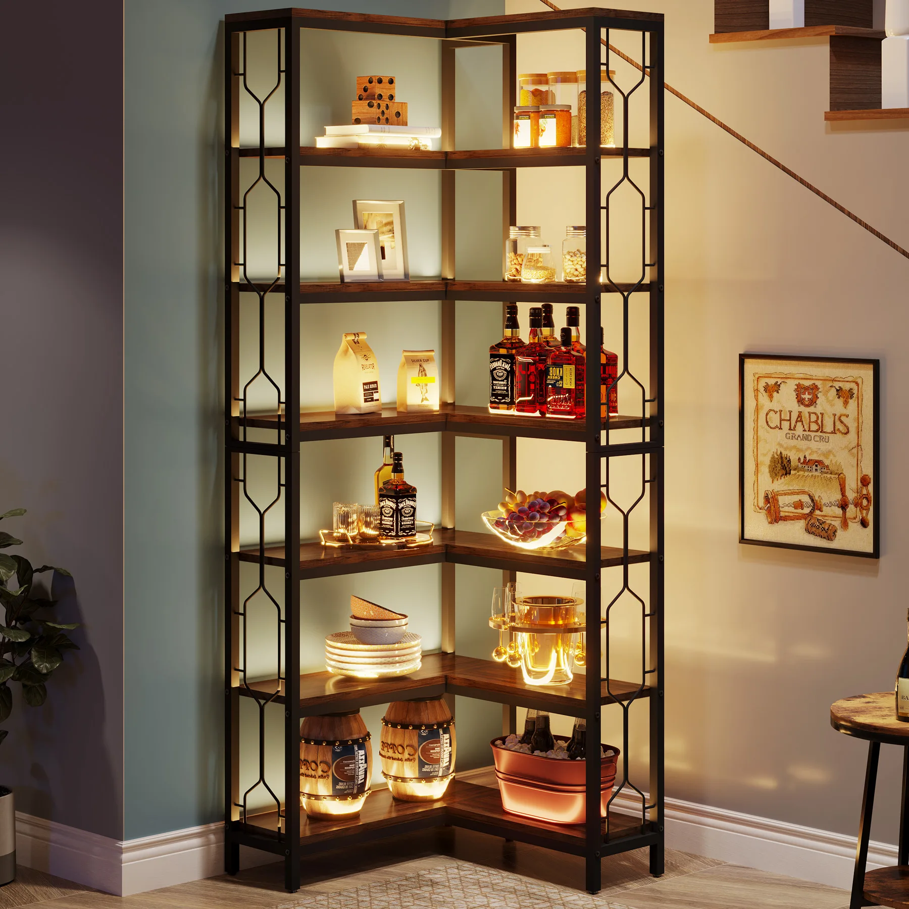 Tribesigns Corner Shelf, 7-Tier Industrial Corner Bookshelf, Wood and Metal Corner Etagere Bookcase, Freestanding Display Shelf