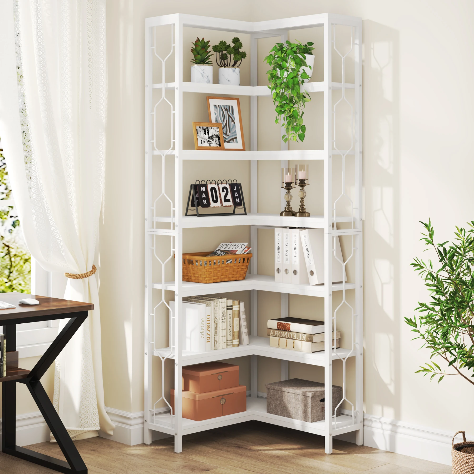 Tribesigns Corner Shelf, 7-Tier Industrial Corner Bookshelf, Wood and Metal Corner Etagere Bookcase, Freestanding Display Shelf