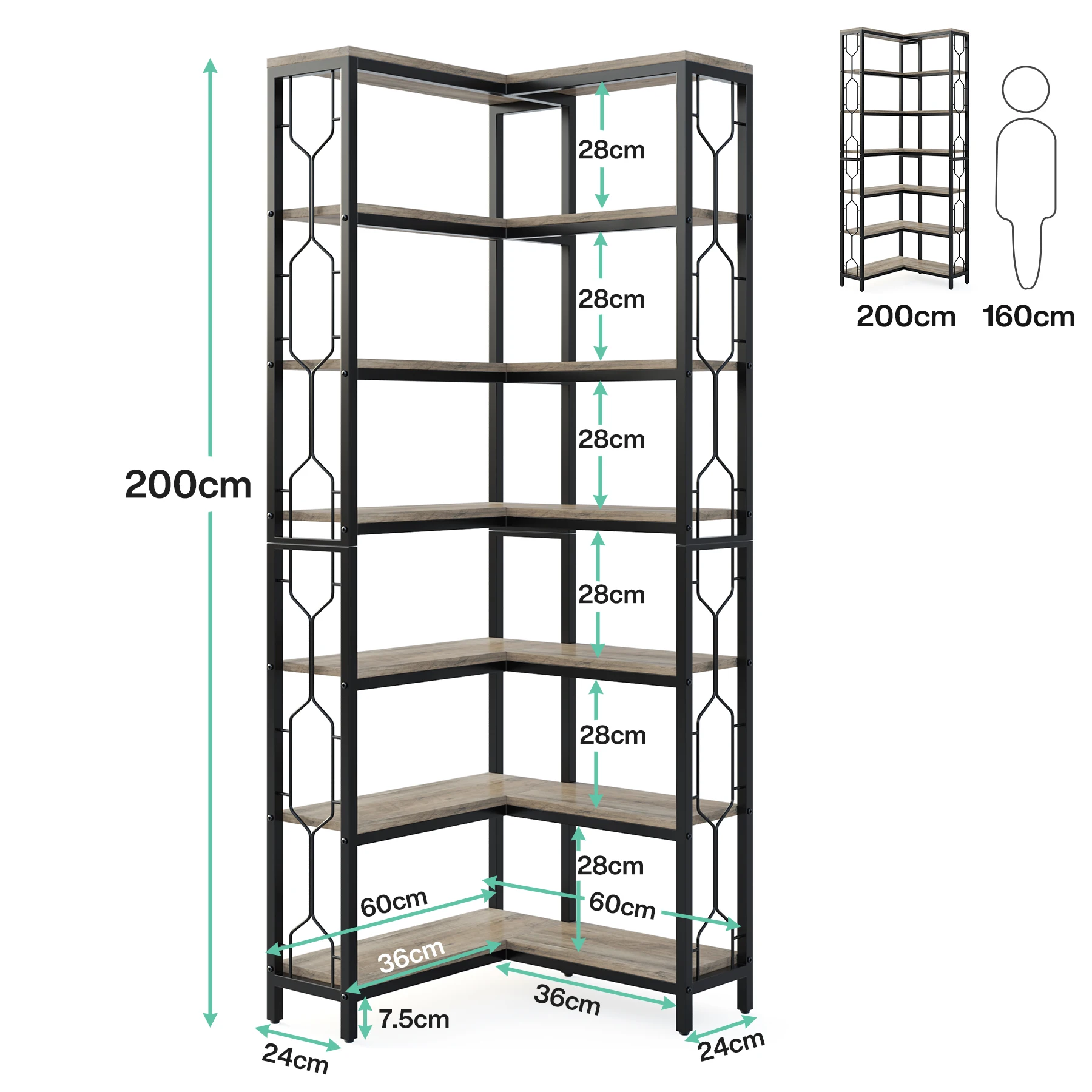 Tribesigns Corner Shelf, 7-Tier Industrial Corner Bookshelf, Wood and Metal Corner Etagere Bookcase, Freestanding Display Shelf