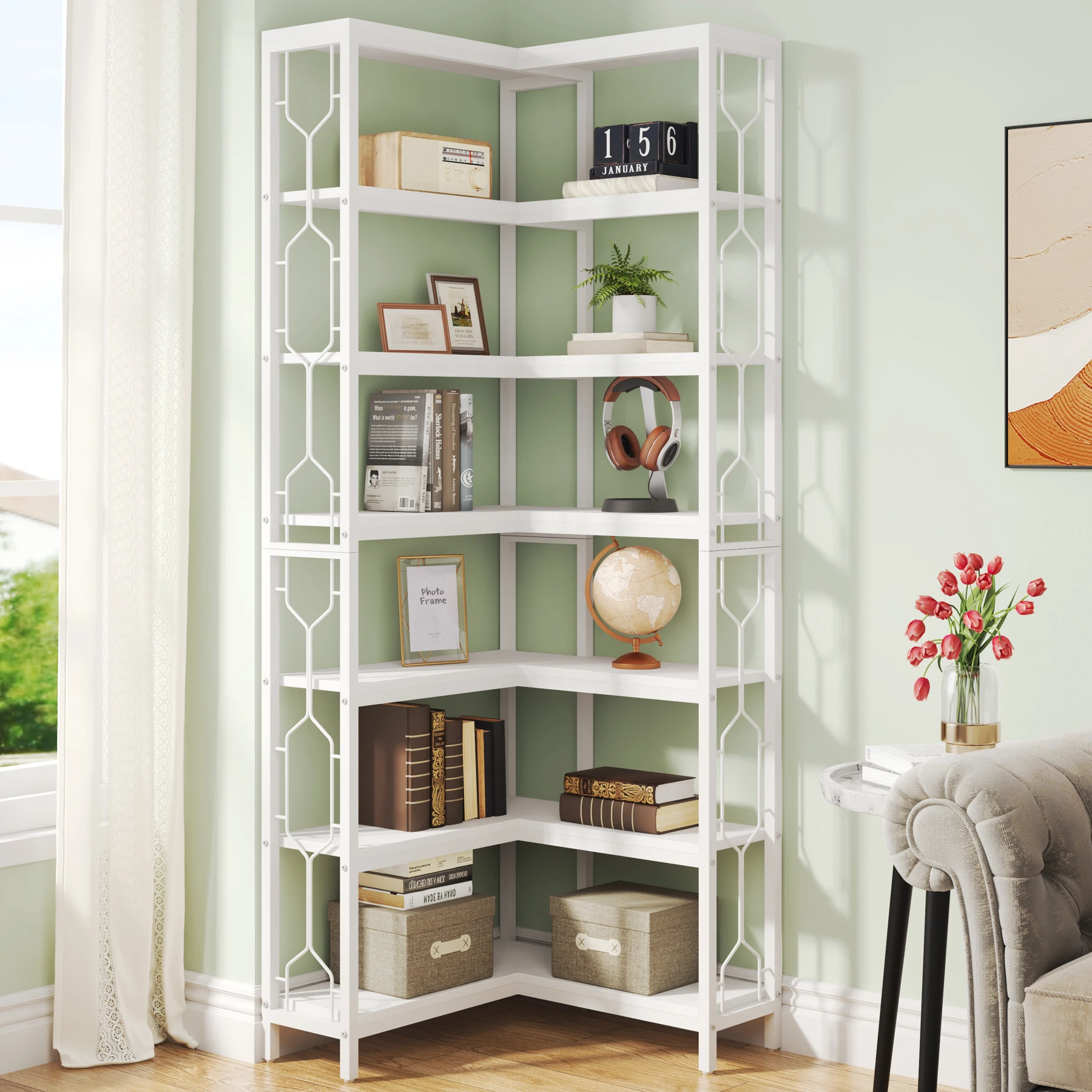 Tribesigns Corner Shelf, 7-Tier Industrial Corner Bookshelf, Wood and Metal Corner Etagere Bookcase, Freestanding Display Shelf