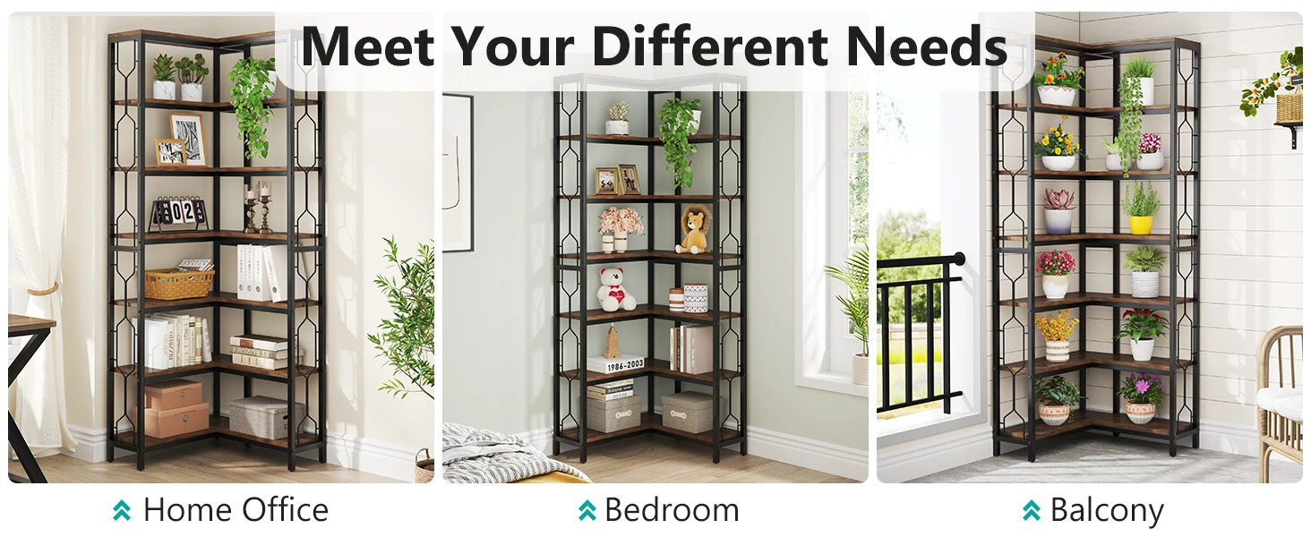 Tribesigns Corner Shelf, 7-Tier Industrial Corner Bookshelf, Wood and Metal Corner Etagere Bookcase, Freestanding Display Shelf