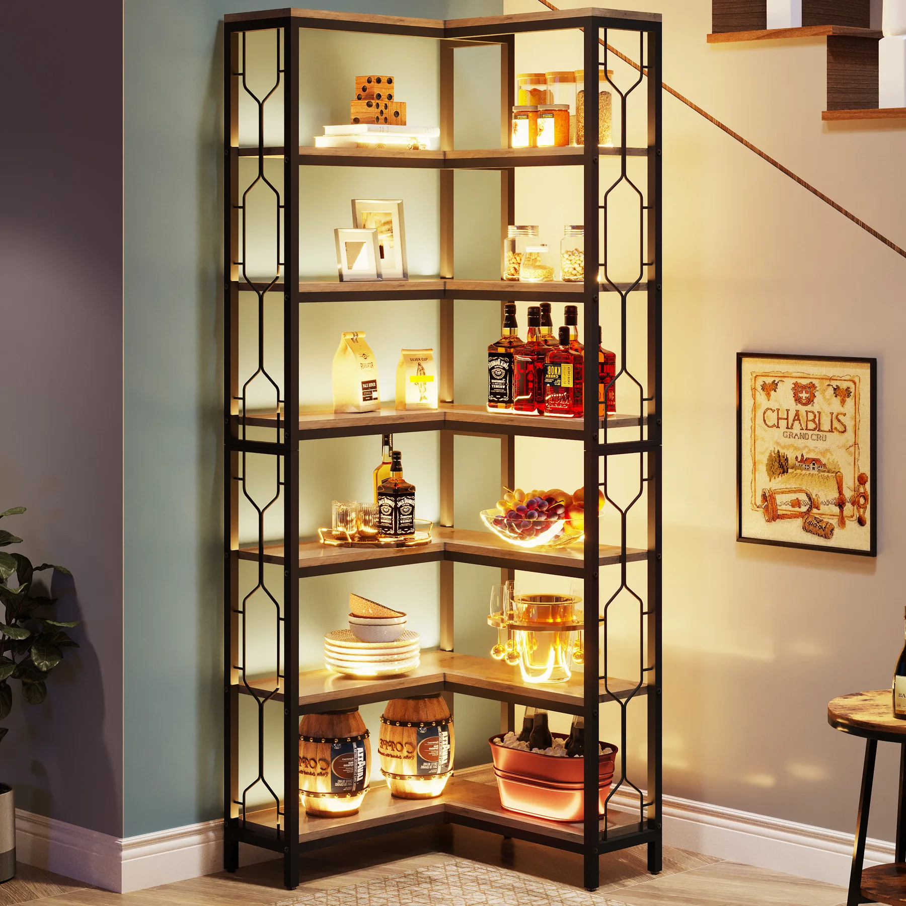 Tribesigns Corner Shelf, 7-Tier Industrial Corner Bookshelf, Wood and Metal Corner Etagere Bookcase, Freestanding Display Shelf
