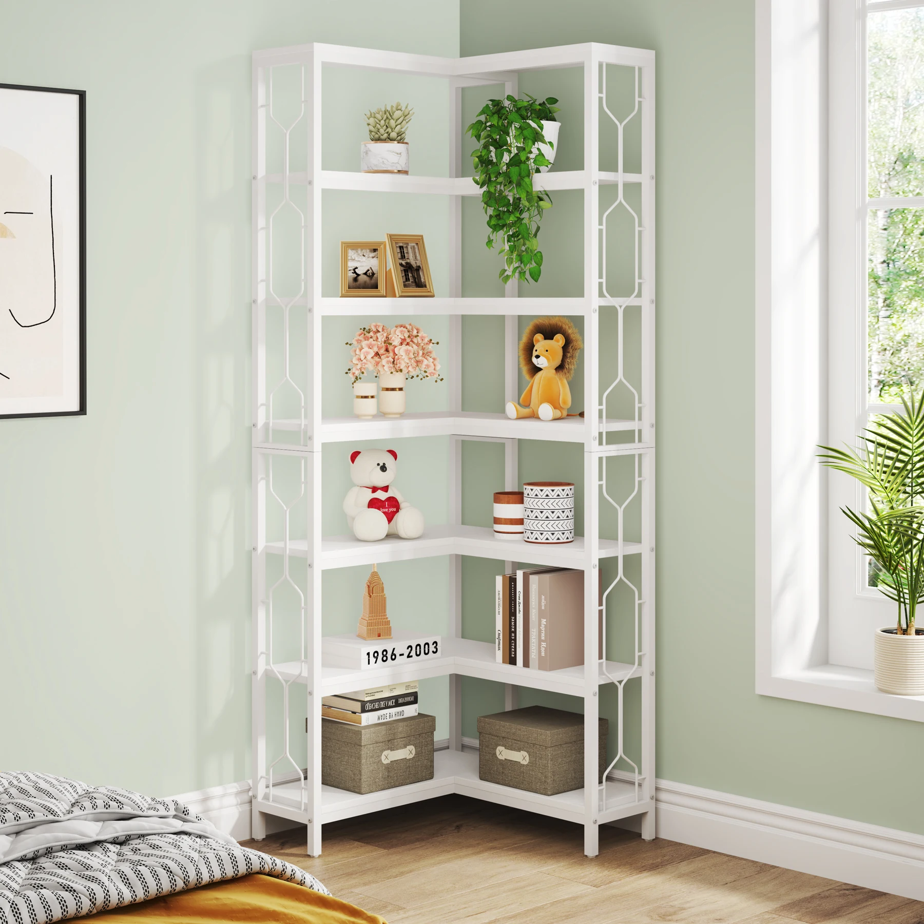 Tribesigns Corner Shelf, 7-Tier Industrial Corner Bookshelf, Wood and Metal Corner Etagere Bookcase, Freestanding Display Shelf