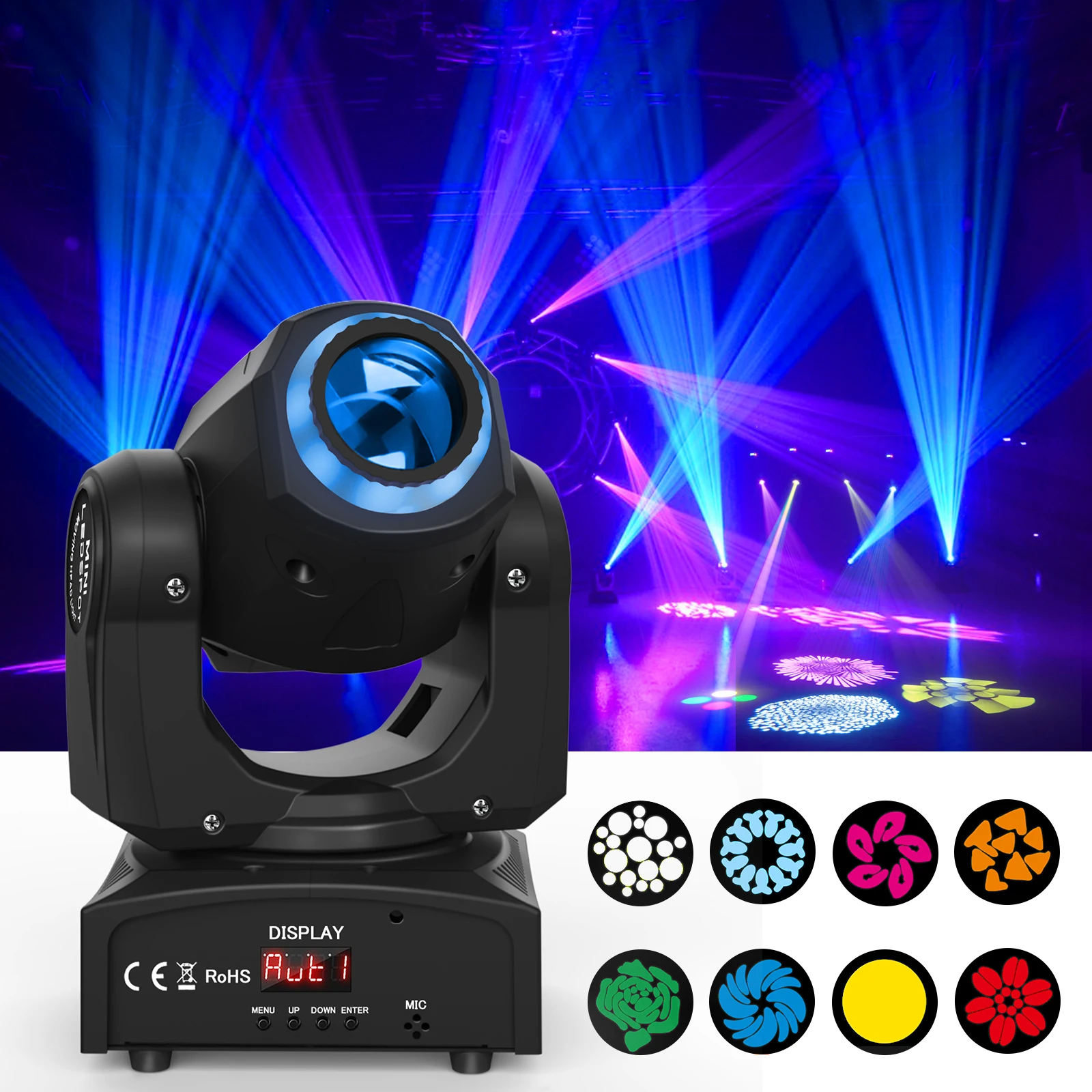 U'King 120W LED Beam Moving Head Light RGB Color Mixing 8 Patterns DMX Effect Light Rotating Stage Light for DJ Show Party KTV