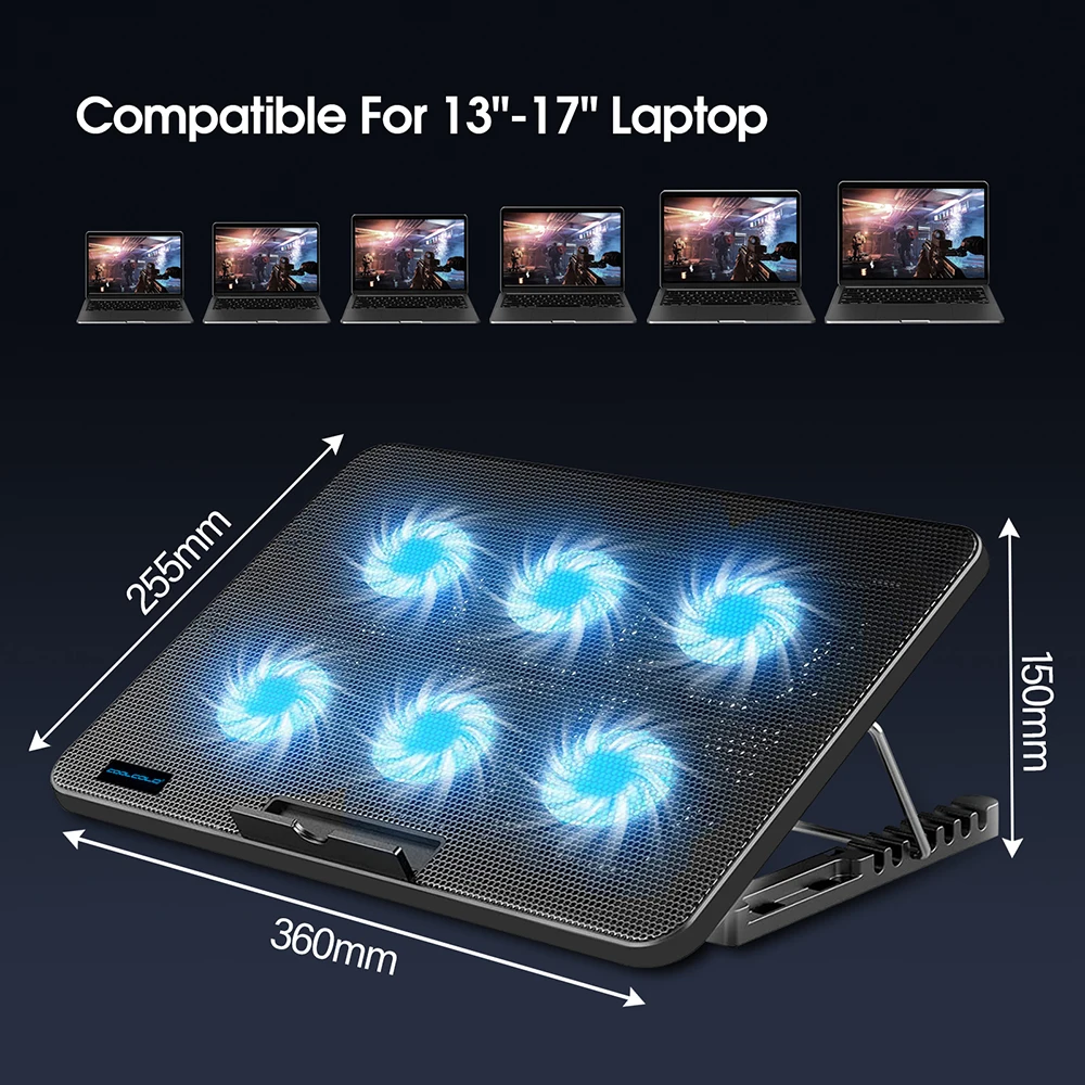 Coolcold 15.6-17.3inch Laptop Cooling Pad with 6 Quiet Fans,7 Height Wind Speed Adjustable,Laptop Cooer With Mobile Phone holder