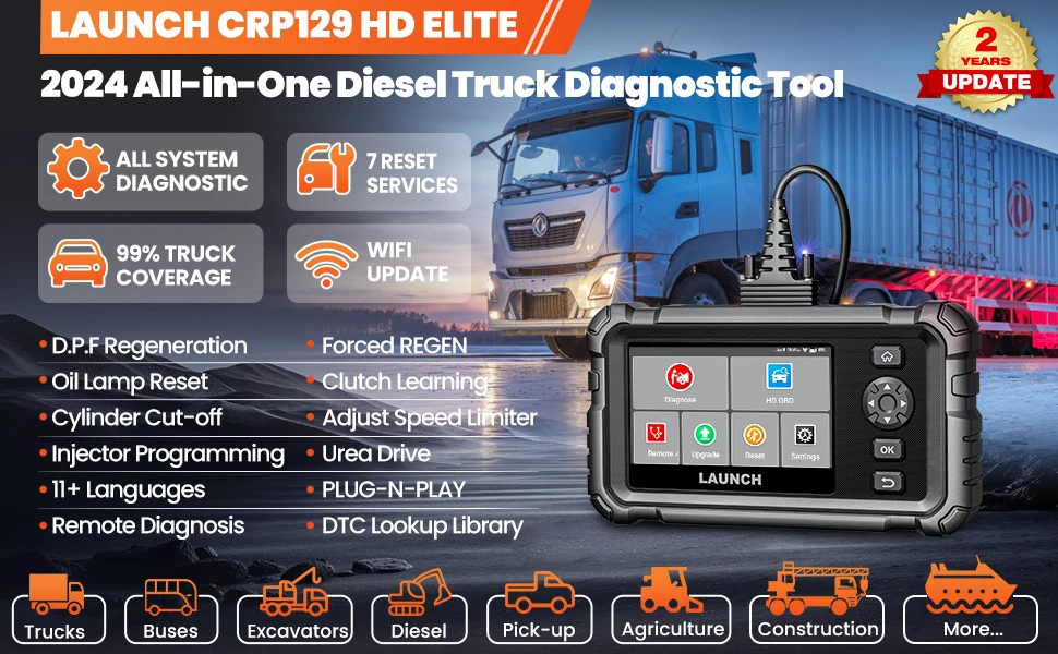 LAUNCH CRP129 HD Elite 24V Heavy Duty Truck All Systems Diagnostic Tools 7 Service Oil Speed Limit Injector DPF OBD2 Scanner