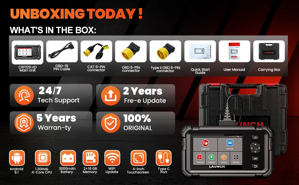 LAUNCH CRP129 HD Elite 24V Heavy Duty Truck All Systems Diagnostic Tools 7 Service Oil Speed Limit Injector DPF OBD2 Scanner