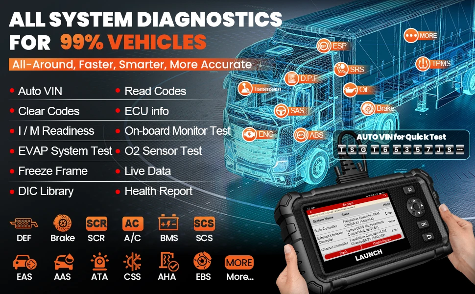 LAUNCH CRP129 HD Elite 24V Heavy Duty Truck All Systems Diagnostic Tools 7 Service Oil Speed Limit Injector DPF OBD2 Scanner