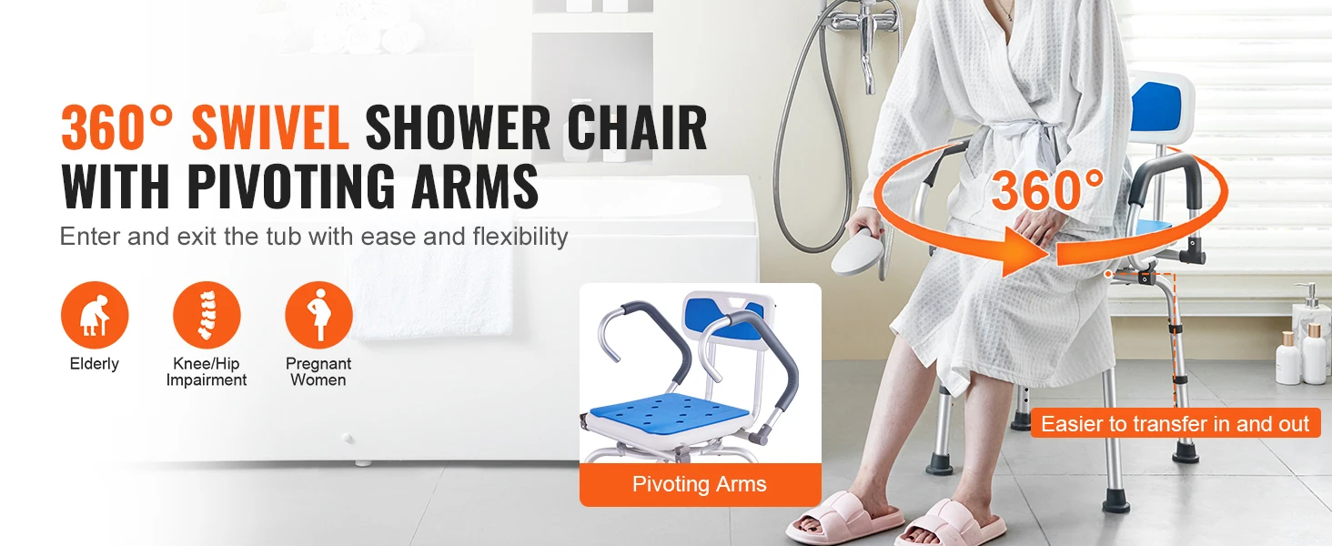 SucceBuy Swivel Shower Chair 360 Degree Adjustable with Armrest and Backrest for Shower or Bathtub Non-Slip for Elderly Disabled