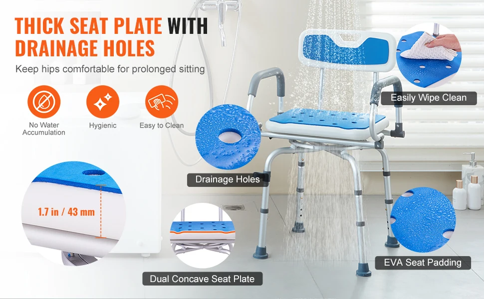 SucceBuy Swivel Shower Chair 360 Degree Adjustable with Armrest and Backrest for Shower or Bathtub Non-Slip for Elderly Disabled