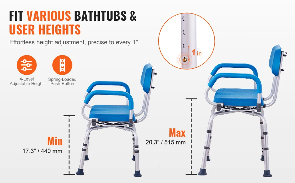 SucceBuy Swivel Shower Chair 360 Degree Adjustable with Armrest and Backrest for Shower or Bathtub Non-Slip for Elderly Disabled