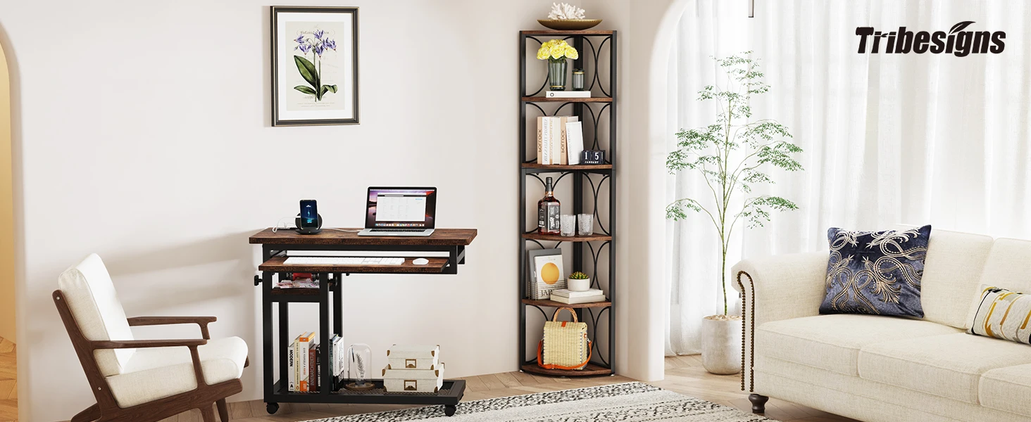 Tribesigns 67 inch Tall Corner Shelf, 6 Tier Rustic Corner Bookshelf Bookcase Storage Rack Standing Shelving Unit