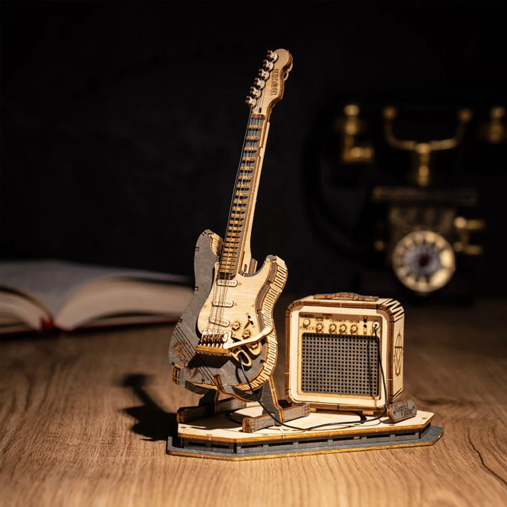 Robotime Electric Guitar 3D Wooden Puzzle for Kids Adults Assembly Creative Toys Building Block Set for Christmas Gifts Adult
