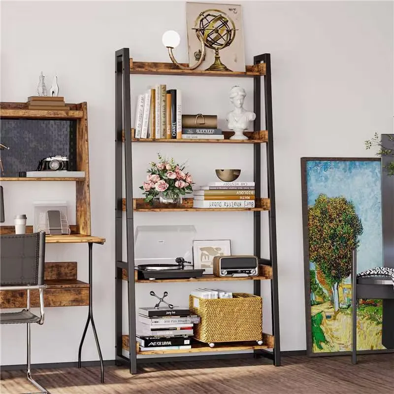 IRONCK Industrial Bookshelf 5-Tier 31.5in Wide, Bookcase Ladder Shelf, Storage Shelves Rack Shelf Unit, Accent Furniture Metal F