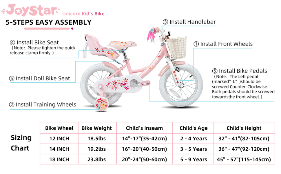 JOYSTAR Unicorn Girls Bike for Kids Ages 2-9,Kids Bike with Training Wheels, Streamers, Basket and Doll Seat