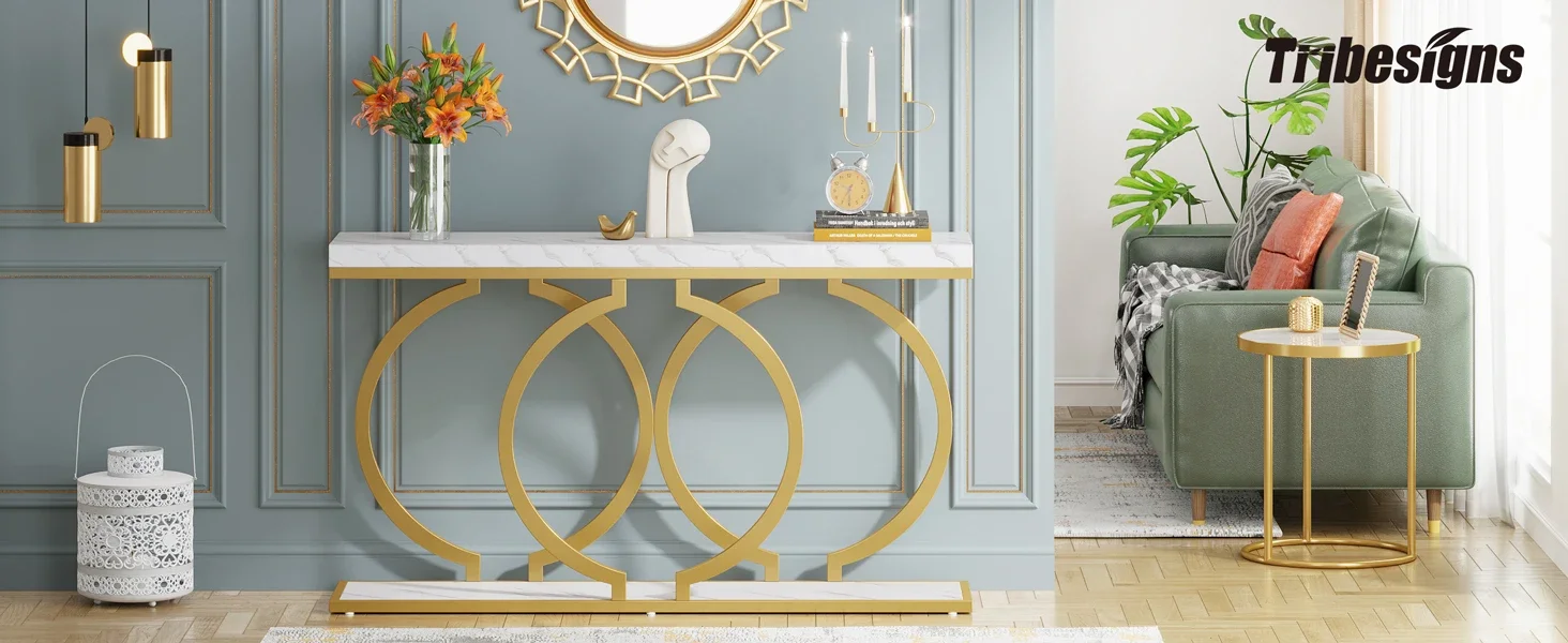 Tribesigns Gold Console Table, 55 inch Faux Marble Entryway Table Narrow Long Sofa Table, Modern Accent Table, Entrance Table