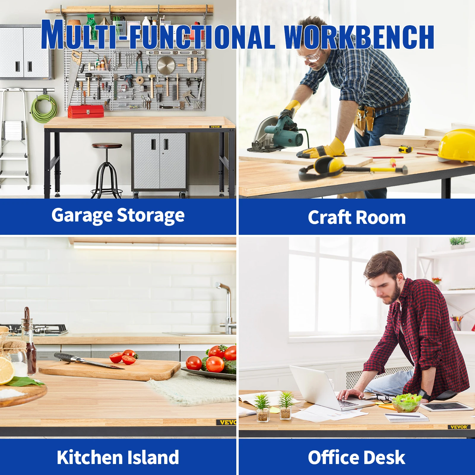 SucceBuy 72cm Woodworking Workbench Adjustable Height Oak Wood Hardwood Top Work Table 900KG Capacity for Office Home Workshop