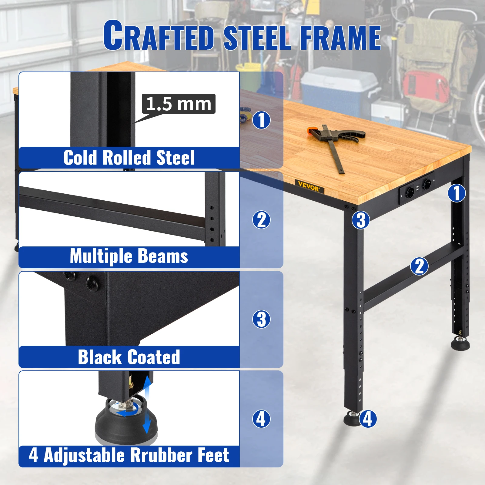 SucceBuy 72cm Woodworking Workbench Adjustable Height Oak Wood Hardwood Top Work Table 900KG Capacity for Office Home Workshop