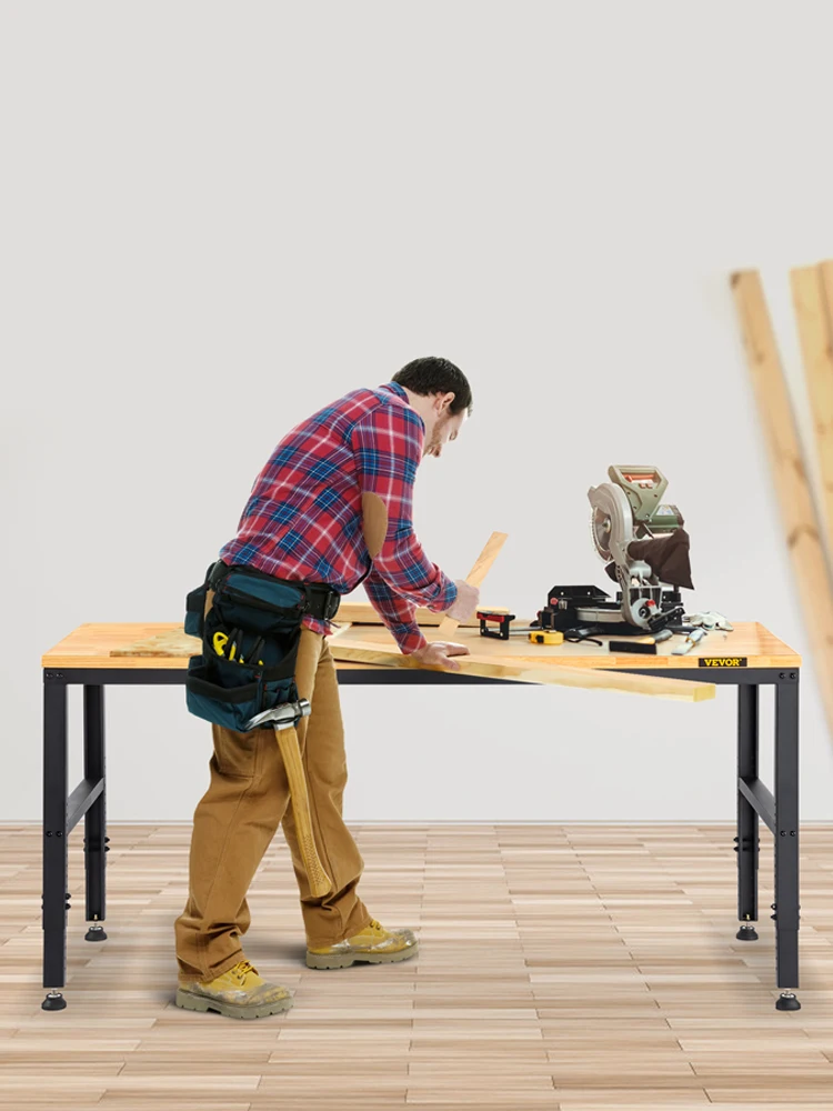 SucceBuy 72cm Woodworking Workbench Adjustable Height Oak Wood Hardwood Top Work Table 900KG Capacity for Office Home Workshop
