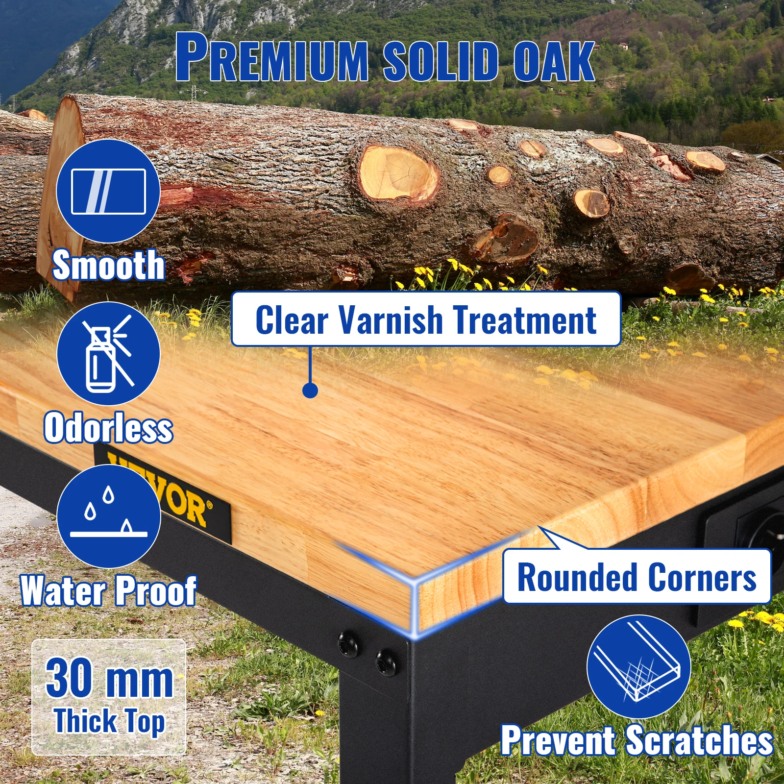 SucceBuy 72cm Woodworking Workbench Adjustable Height Oak Wood Hardwood Top Work Table 900KG Capacity for Office Home Workshop