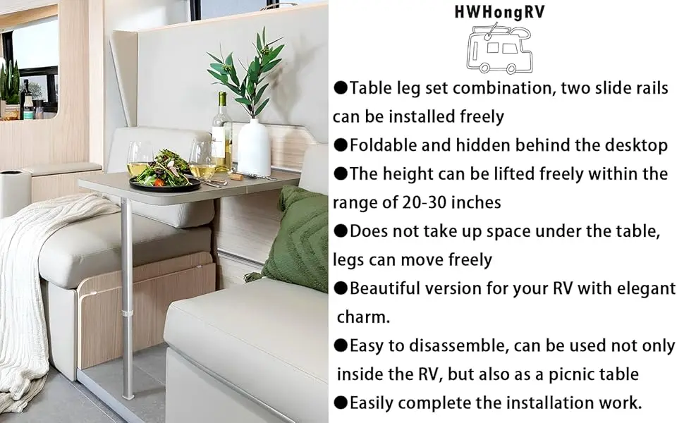 Adjustable Table Leg Kit, 20-30 Inch Folding Telescopic Legs with 2 Piece Slide Rails for RV Camper Yacht Travel Trailer