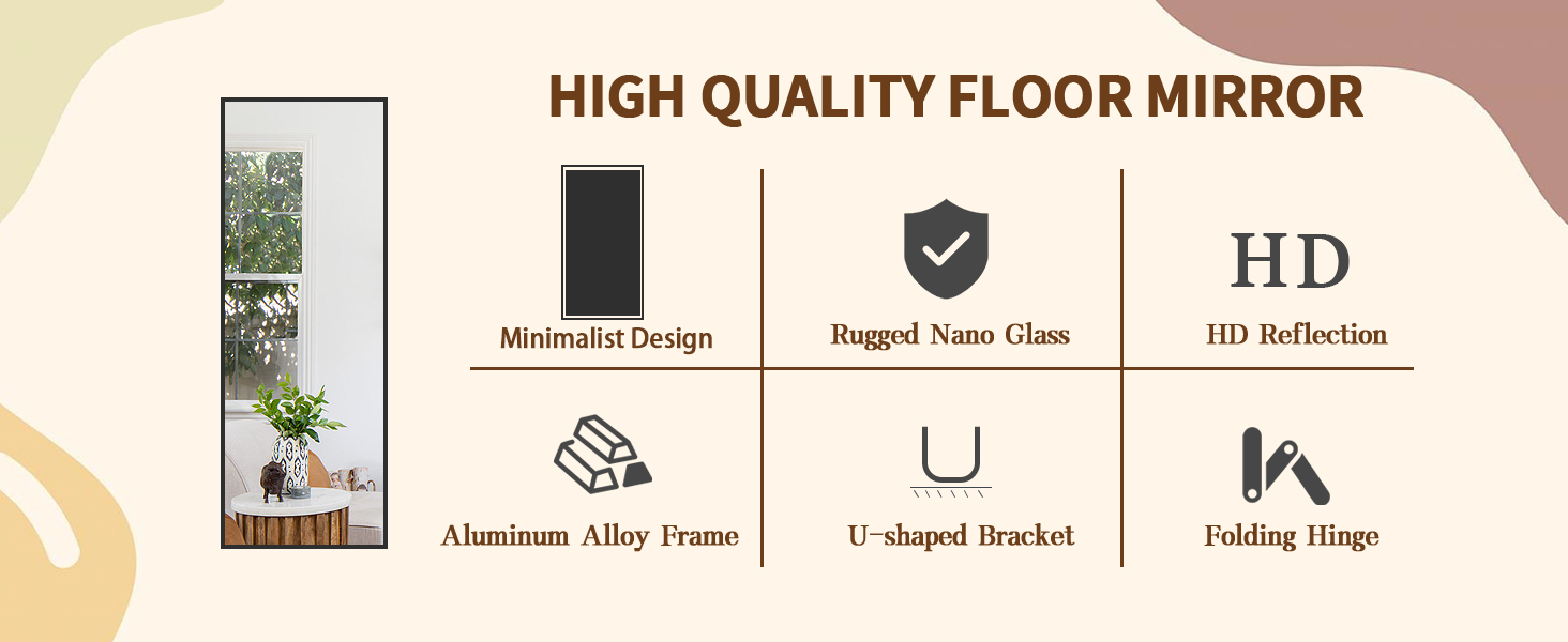 64"x21" Floor Mirror Full Length, Bedroom Floor Body Mirror with Stand, Leaning, Standing or Hanging Horizontally Vertically