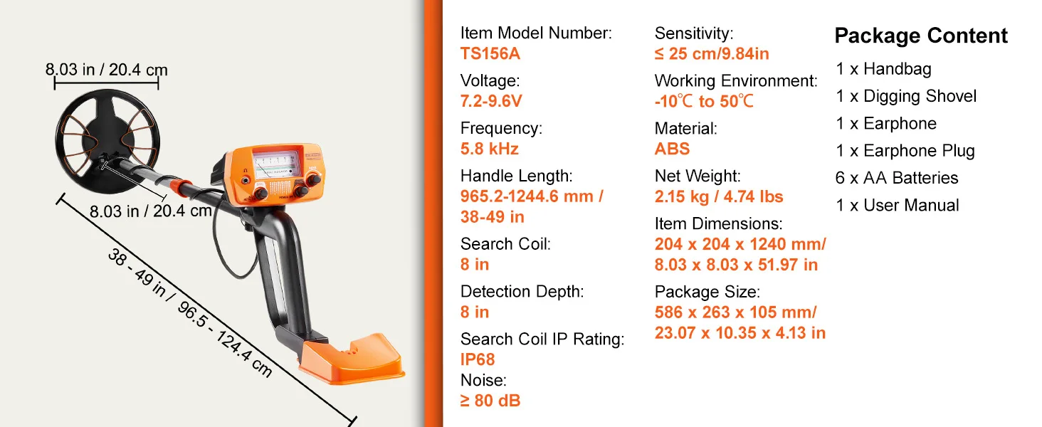 SucceBuy Metal Detector 8Inch Waterproof Search Coil & High Accuracy Pointer Display Adjustable 38''-49'' Aluminum Stem Detector