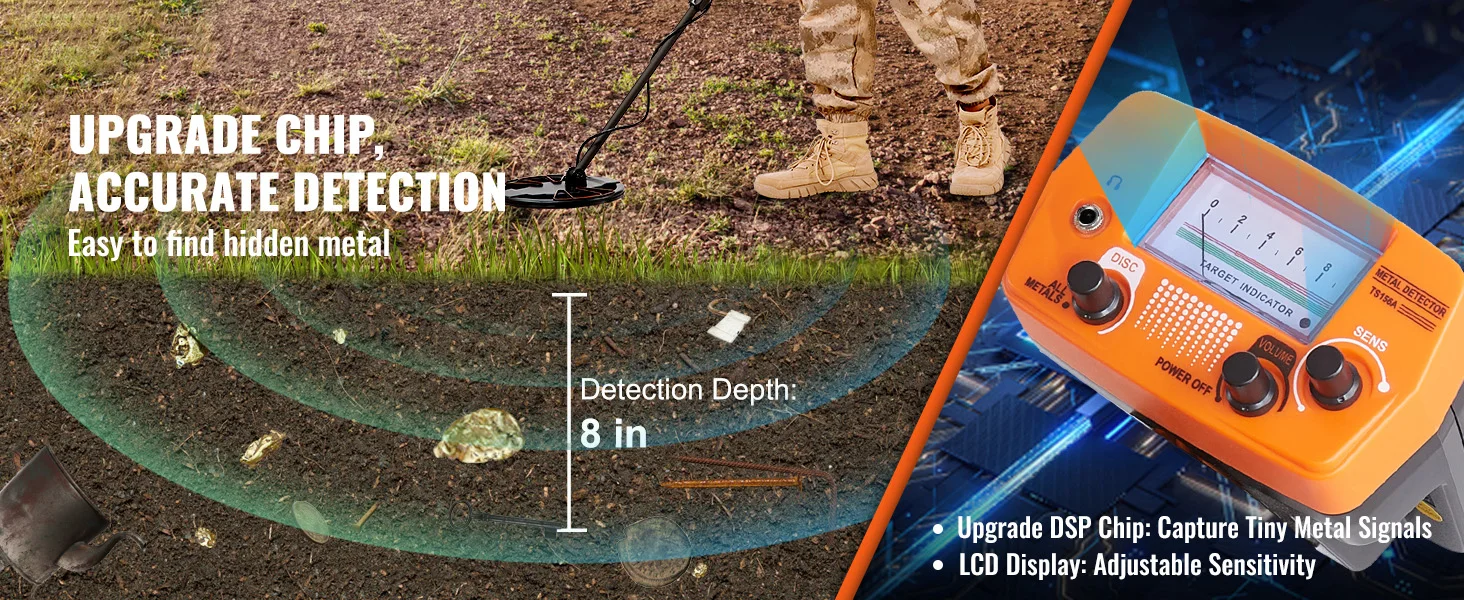 SucceBuy Metal Detector 8Inch Waterproof Search Coil & High Accuracy Pointer Display Adjustable 38''-49'' Aluminum Stem Detector