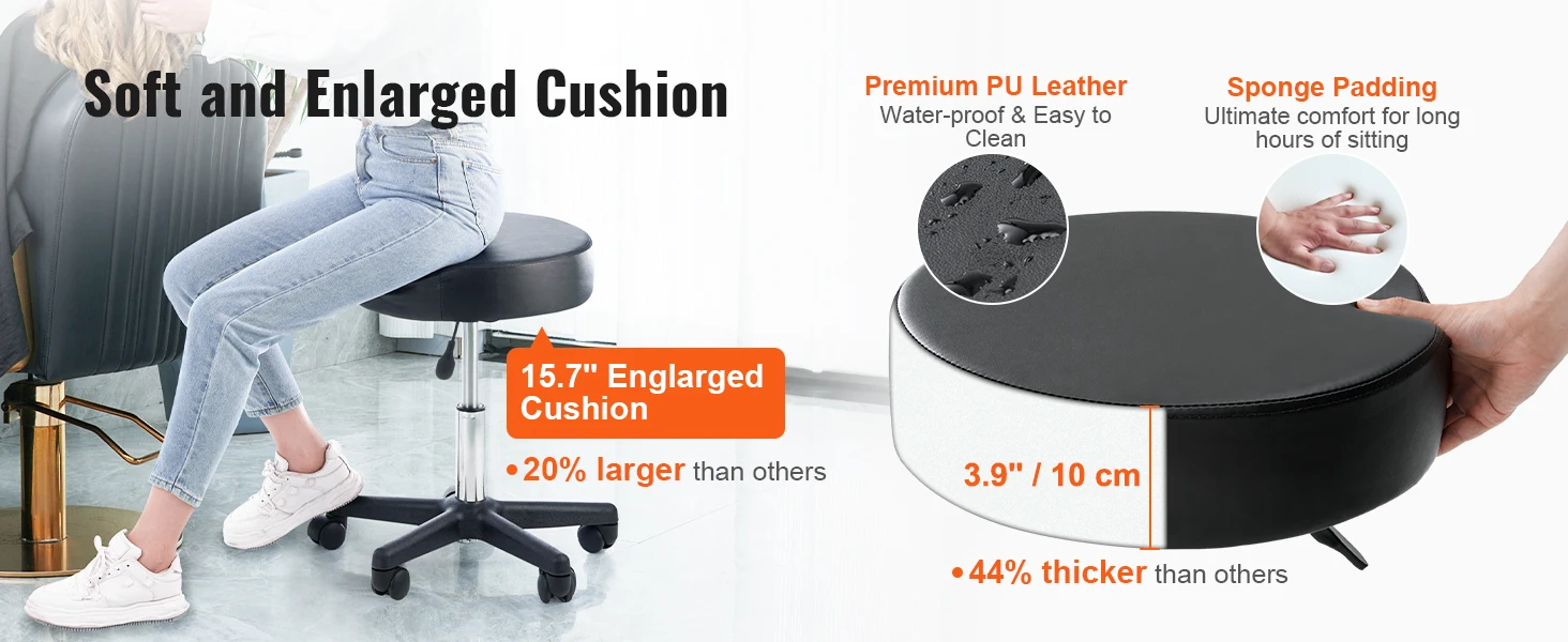 SucceBuy Rolling Round Stool 40cm Diameter w/ 5 Swivel Casters 360° Rotation Height Adjustable Round Stool for Bar Salon Office