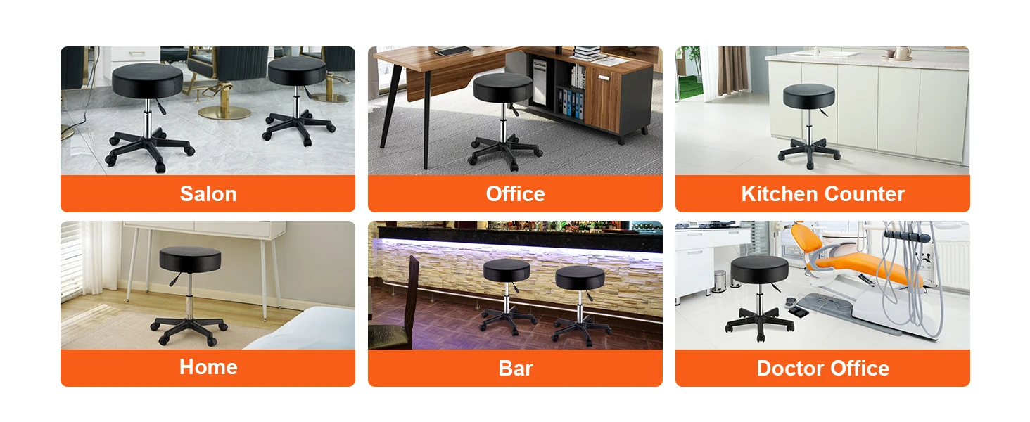SucceBuy Rolling Round Stool 40cm Diameter w/ 5 Swivel Casters 360° Rotation Height Adjustable Round Stool for Bar Salon Office