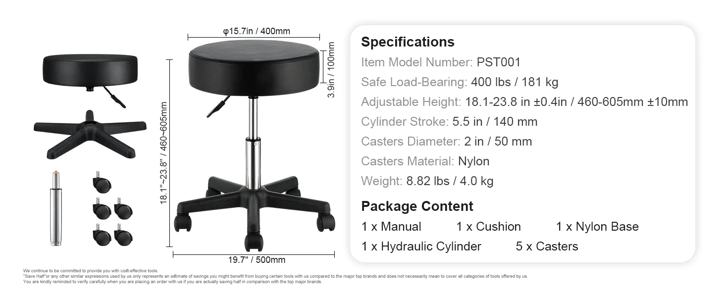 SucceBuy Rolling Round Stool 40cm Diameter w/ 5 Swivel Casters 360° Rotation Height Adjustable Round Stool for Bar Salon Office