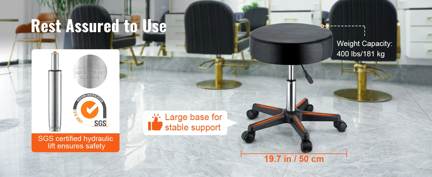 SucceBuy Rolling Round Stool 40cm Diameter w/ 5 Swivel Casters 360° Rotation Height Adjustable Round Stool for Bar Salon Office