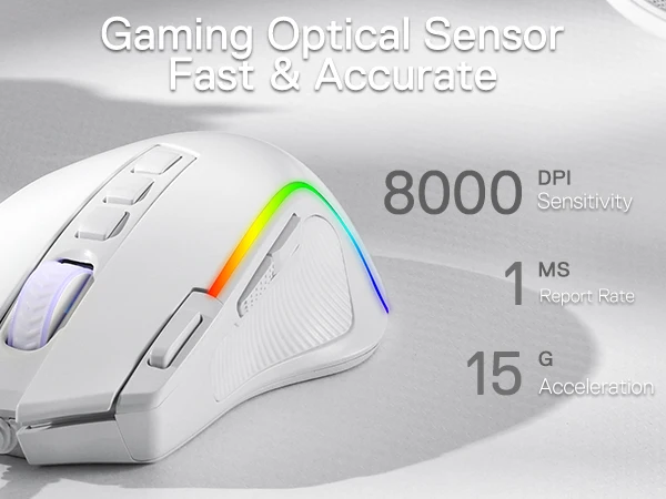 Redragon M612 Predator RGB Gaming Mouse 8000 DPI Wired Optical with 11 Programmable Buttons, White