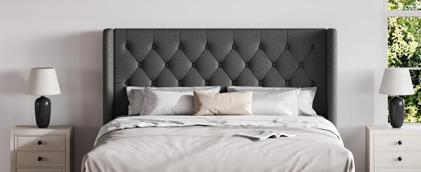HOOMIC Classic Bed Frame with Button Tufted Wingback Headboard, Upholstered Platform Bed with Wooden Slats Support Allewie