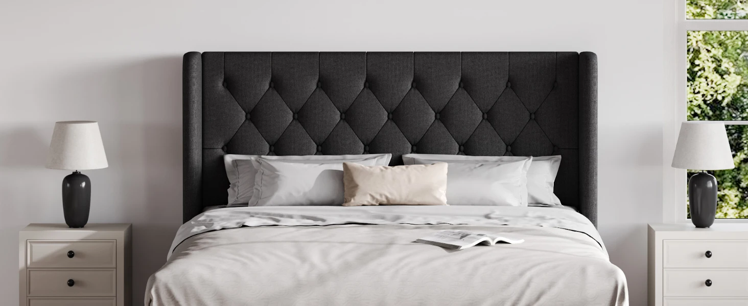 HOOMIC Classic Bed Frame with Button Tufted Wingback Headboard, Upholstered Platform Bed with Wooden Slats Support Allewie