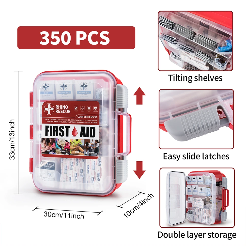 RHINO RESCUE 350 Pieces OSHA All-Purpose First Aid Kit, Home & Office Professional Medical Supplies, for Emergency, School