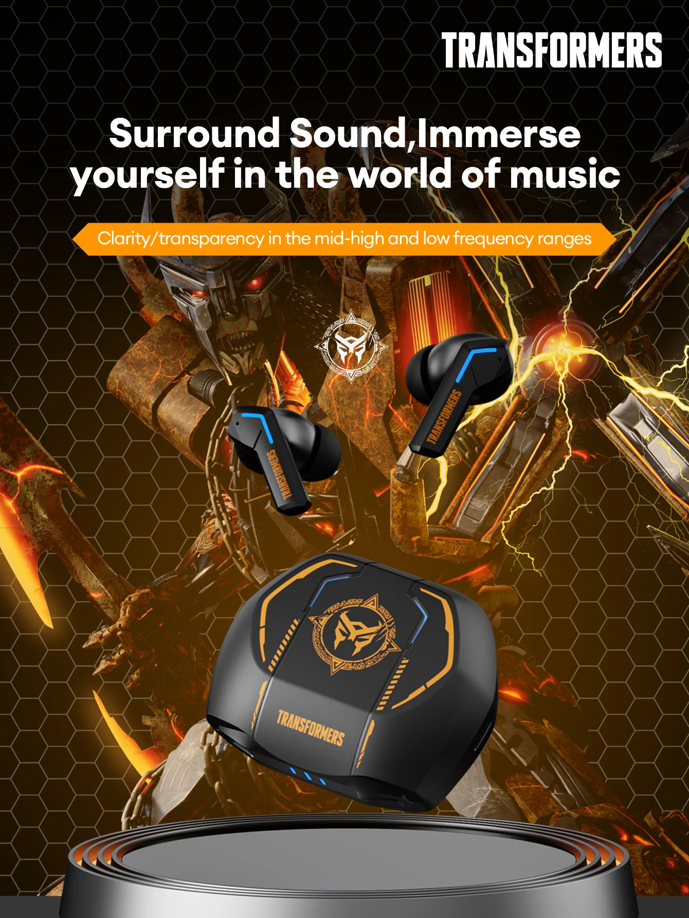 Ship From US Transformers TF-T06 Bluetooth Earphones Gaming Headset Low Latency with Mic Headphones HD Call Wireless Earbuds
