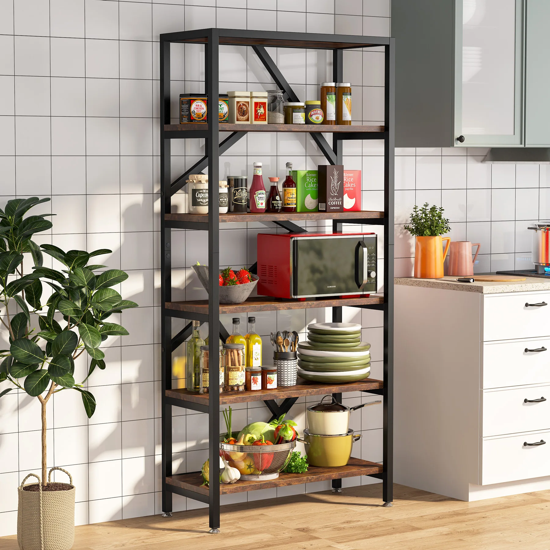 Tribesigns Industrial Bookshelf, Tall Bookcase with Open Shelves, Wood and Metal Display Shelf Storage Shelves