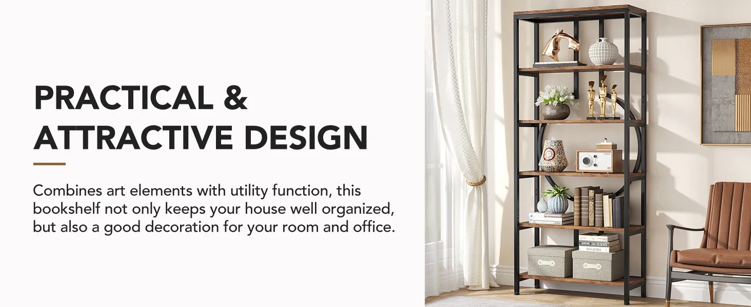 Tribesigns Industrial Bookshelf, Tall Bookcase with Open Shelves, Wood and Metal Display Shelf Storage Shelves