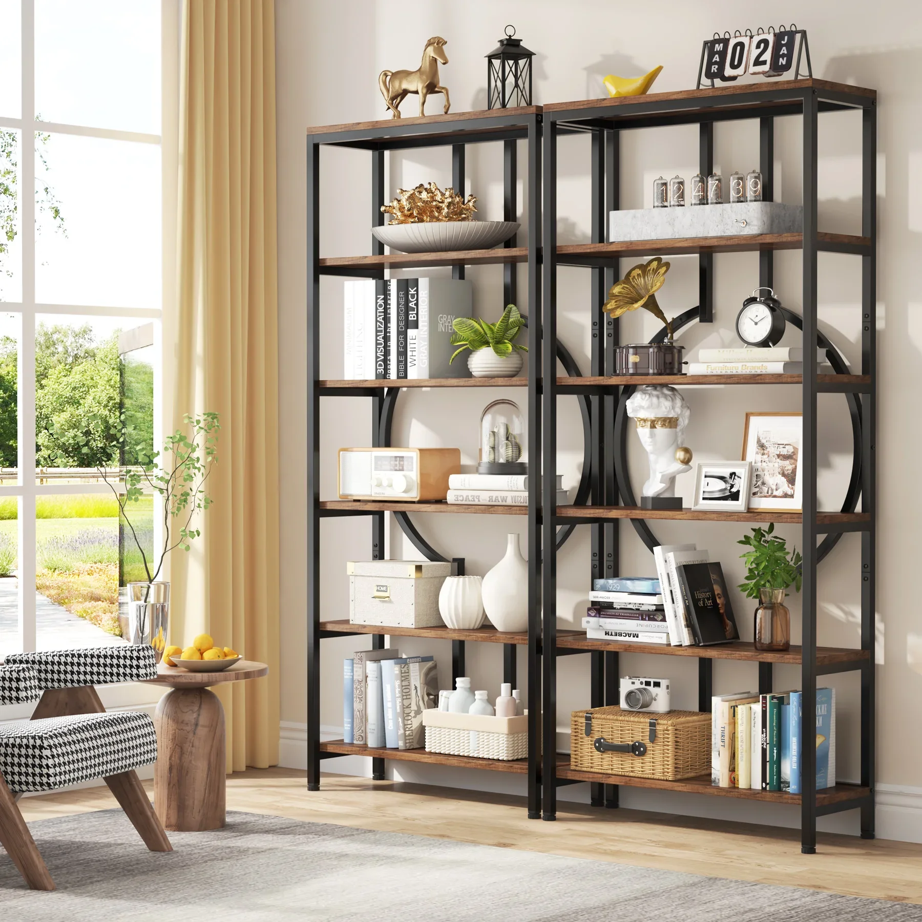 Tribesigns Industrial Bookshelf, Tall Bookcase with Open Shelves, Wood and Metal Display Shelf Storage Shelves
