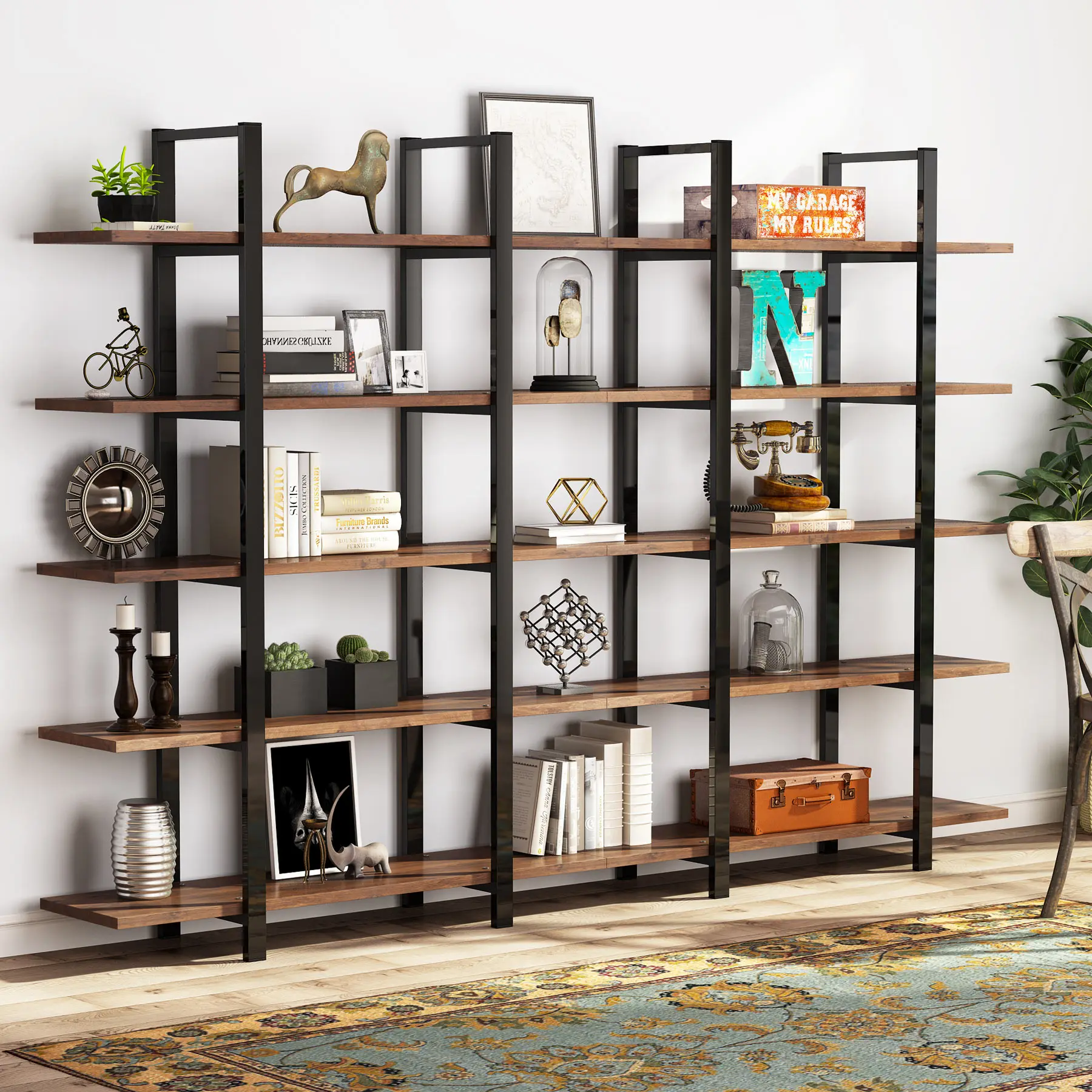 Tribesigns Industrial Bookshelf, Tall Bookcase with Open Shelves, Wood and Metal Display Shelf Storage Shelves