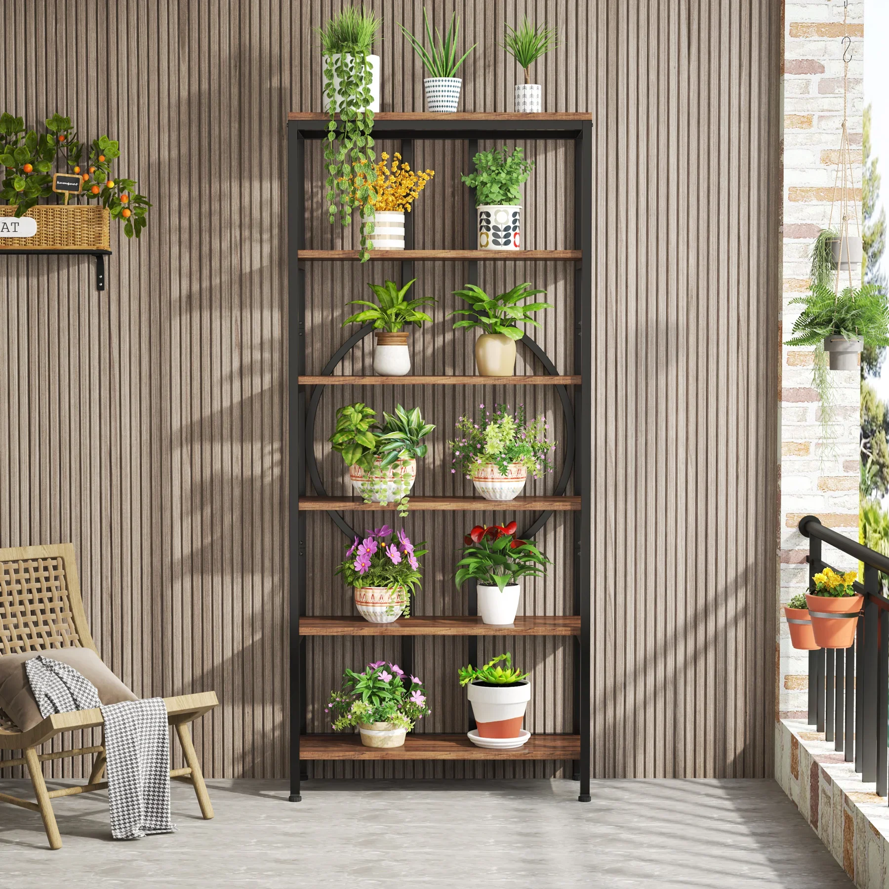 Tribesigns Industrial Bookshelf, Tall Bookcase with Open Shelves, Wood and Metal Display Shelf Storage Shelves