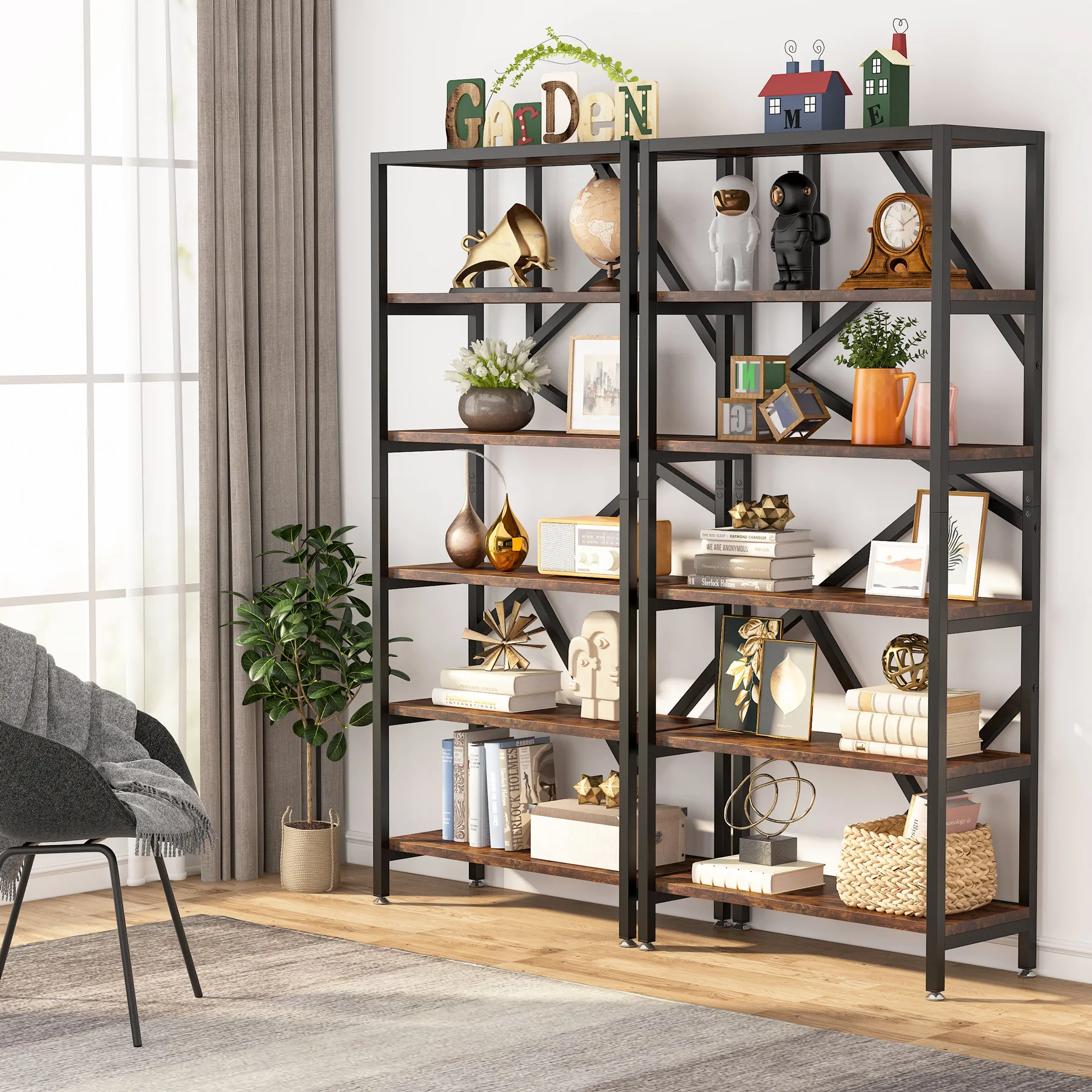 Tribesigns Industrial Bookshelf, Tall Bookcase with Open Shelves, Wood and Metal Display Shelf Storage Shelves