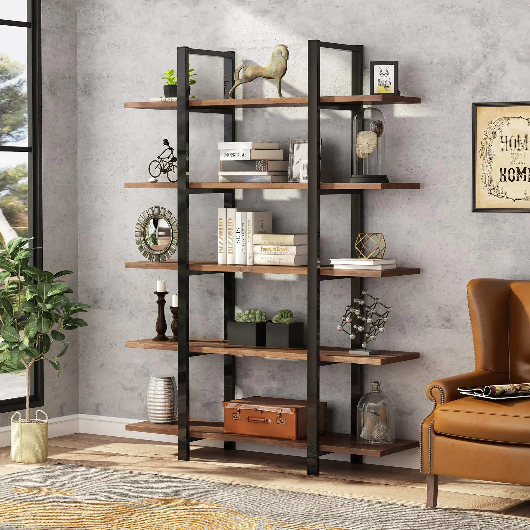 Tribesigns Industrial Bookshelf, Tall Bookcase with Open Shelves, Wood and Metal Display Shelf Storage Shelves