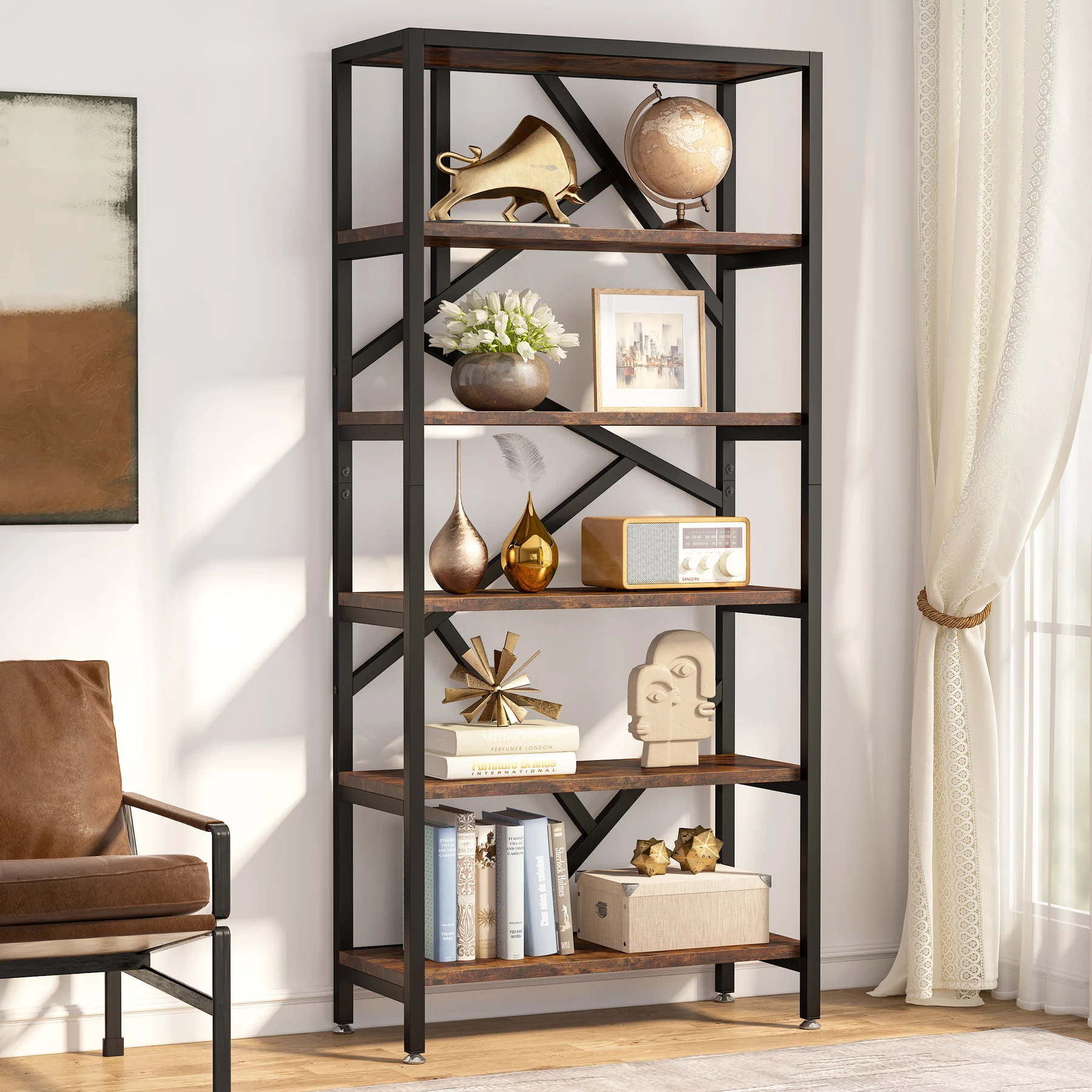 Tribesigns Industrial Bookshelf, Tall Bookcase with Open Shelves, Wood and Metal Display Shelf Storage Shelves
