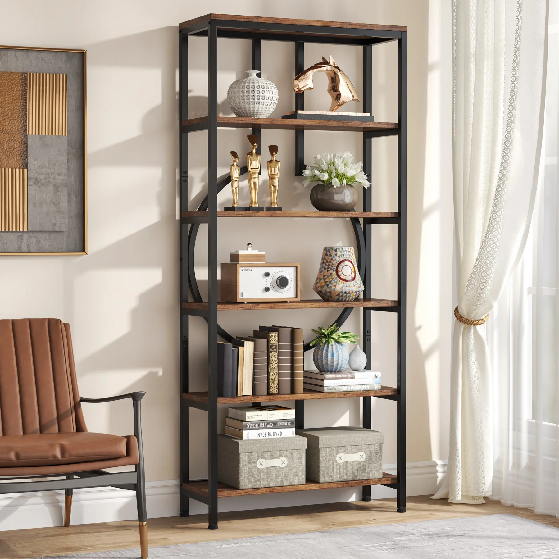 Tribesigns Industrial Bookshelf, Tall Bookcase with Open Shelves, Wood and Metal Display Shelf Storage Shelves