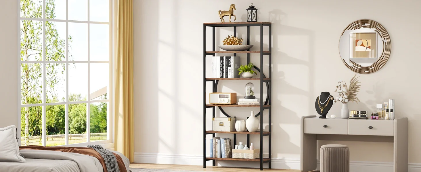 Tribesigns Industrial Bookshelf, Tall Bookcase with Open Shelves, Wood and Metal Display Shelf Storage Shelves